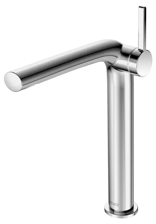 Moderne chromfarbene Waschbeckenarmatur mit langer, gerader Auslauflinie und einem schmalen Hebelgriff. Feines, minimalistisches Design.